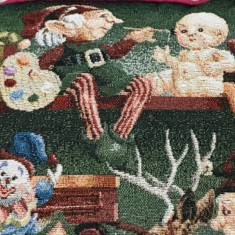 Vintage Christmas Tapestry Throw Pillow Santa Workshop Toys Elves 15
